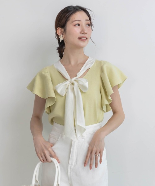 RANDA（ランダ）の「ボウタイリボンニットトップス（ニット/セーター・レディース・ホワイト/ライム/ブラック・FREE）」の3枚目の写真