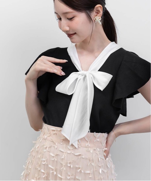 RANDA（ランダ）の「ボウタイリボンニットトップス（ニット/セーター・レディース・ホワイト/ライム/ブラック・FREE）」の4枚目の写真