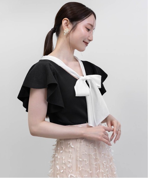 RANDA（ランダ）の「ボウタイリボンニットトップス（ニット/セーター・レディース・ホワイト/ライム/ブラック・FREE）」の5枚目の写真