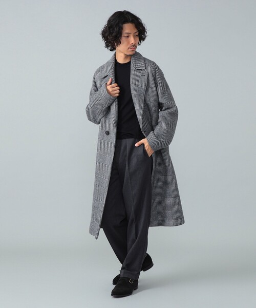hevo / SURB ウールナイロン グレンチェック ダブルブレスト コート