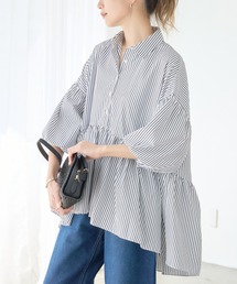 anown | バルーン袖 チュニックシャツ 半袖 ストライプシャツ ボリューム袖 チュニックブラウス ハーフスリーブ(シャツ/ブラウス)