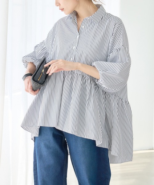 anown（アノン）の「バルーン袖 チュニックシャツ 半袖 ストライプシャツ ボリューム袖 チュニックブラウス ハーフスリーブ（シャツ/ブラウス・レディース・ホワイト系/ブルー系・FREE）」の8枚目の写真