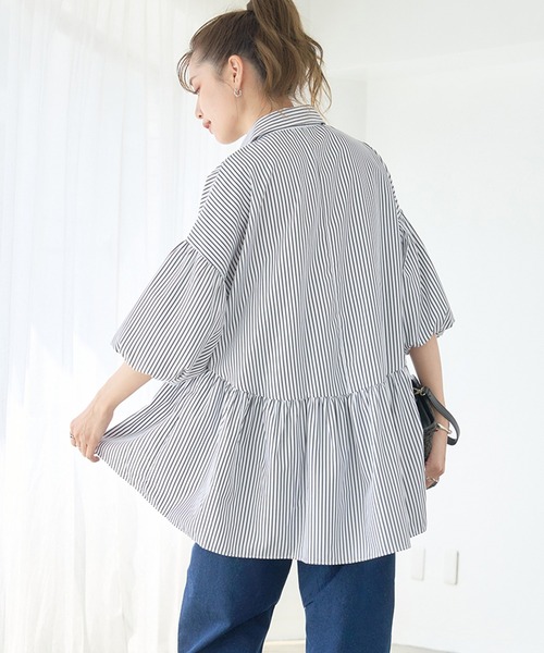 anown（アノン）の「バルーン袖 チュニックシャツ 半袖 ストライプシャツ ボリューム袖 チュニックブラウス ハーフスリーブ（シャツ/ブラウス・レディース・ホワイト系/ブルー系・FREE）」の12枚目の写真