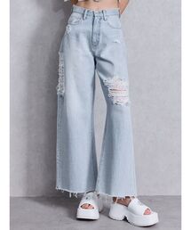 GYDA | ハイウエストSIDE straight line damageワイドデニムパンツ(デニムパンツ)