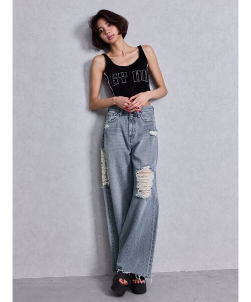 GYDA（ジェイダ）の「ハイウエストSIDE straight line damageワイドデニムパンツ（デニムパンツ・レディース・ブルー/ライトブルー・SMALL/MEDIUM）」の4枚目の写真