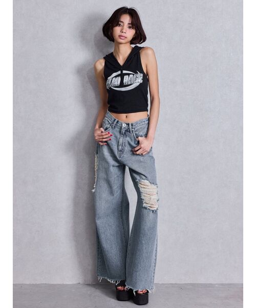 GYDA（ジェイダ）の「ハイウエストSIDE straight line damageワイドデニムパンツ（デニムパンツ・レディース・ブルー/ライトブルー・SMALL/MEDIUM）」の5枚目の写真