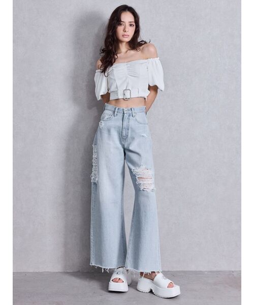 GYDA（ジェイダ）の「ハイウエストSIDE straight line damageワイドデニムパンツ（デニムパンツ・レディース・ブルー/ライトブルー・SMALL/MEDIUM）」の7枚目の写真