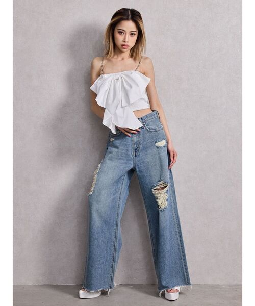 GYDA（ジェイダ）の「ハイウエストSIDE straight line damageワイドデニムパンツ（デニムパンツ・レディース・ブルー/ライトブルー・SMALL/MEDIUM）」の9枚目の写真