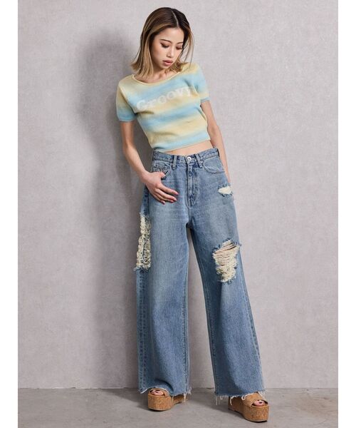 GYDA（ジェイダ）の「ハイウエストSIDE straight line damageワイドデニムパンツ（デニムパンツ・レディース・ブルー/ライトブルー・SMALL/MEDIUM）」の10枚目の写真