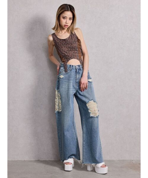 GYDA（ジェイダ）の「ハイウエストSIDE straight line damageワイドデニムパンツ（デニムパンツ・レディース・ブルー/ライトブルー・SMALL/MEDIUM）」の12枚目の写真