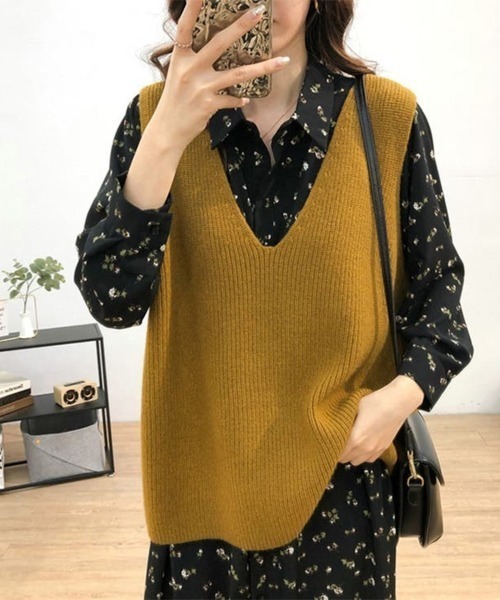 ペーパーニットベスト セール】Vネックニットベスト レディース 重ね着 ゆったり 体型カバー