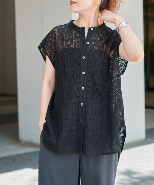新品spickandspanスピックアンドスパンドットフレンチスリーブシャツ黒 WEB限定》ドットフレンチスリーブシャツ（シャツ／ブラウス