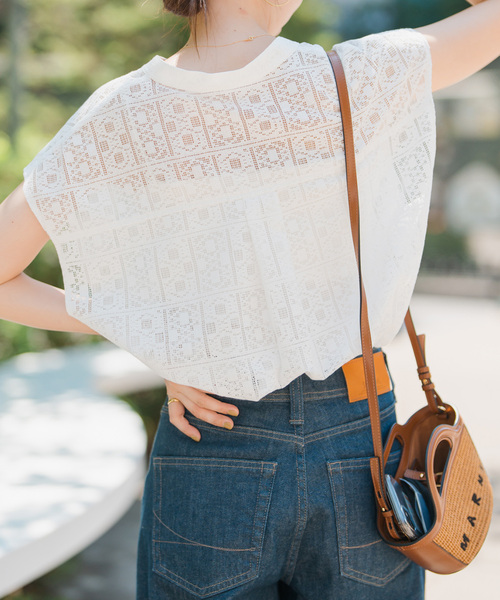 スピックアンドスパン 新品 PEレース フレンチスリーブシャツ(ホワイト) スピック＆スパン Spick & Span 《追加予約》PEレースフレンチスリーブ