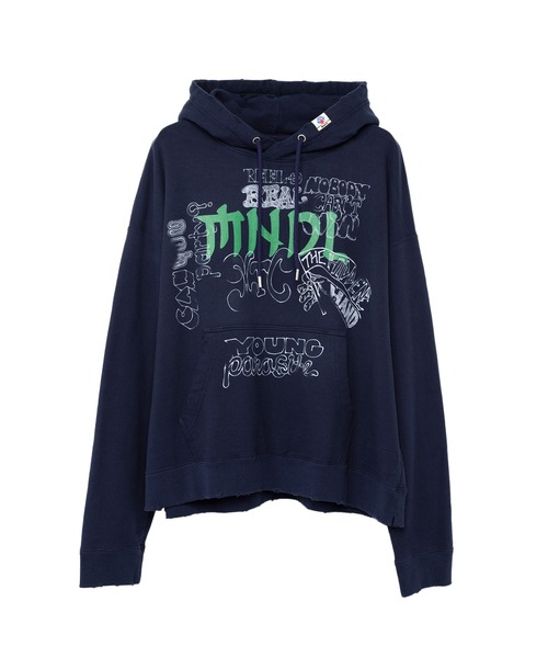 Mendrill(メンドリル)の「Mendrill X GS. Distressed Hoodie(スウェット・メンズ・グレー/ブラック/ネイビー・50/48/46/44)」の2枚目の写真