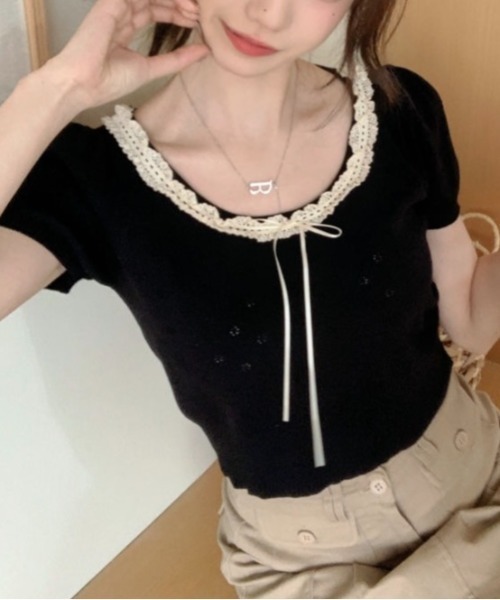 LADY LIKE(レディライク)の「レースリボン付きパフスリーブ半袖ニット(ニット/セーター・レディース・ブラック/ベージュ/ホワイト・M)」の22枚目の写真