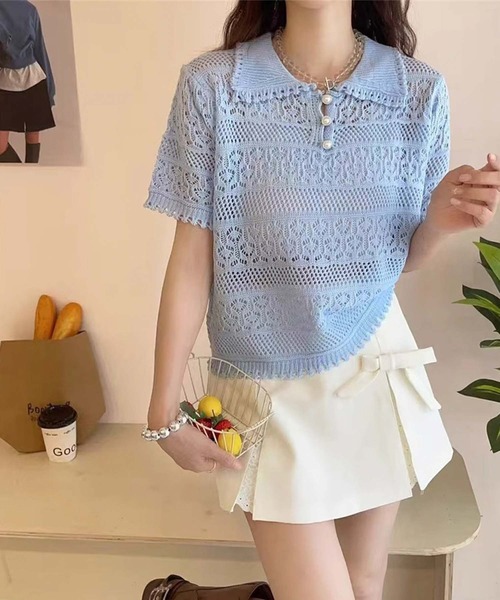 ガーリードール Girly Doll パール＆ストーン付き透かし編み半袖ニット （ホワイト） ガーリードール Girly Doll パール＆ストーン付き透かし編み半袖
