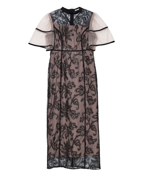 LEJA】スパンコールフラワーIラインワンピースドレスワンピース美脚