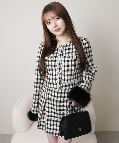 ファースリーブツイードクロップドジャケット（テーラードジャケット