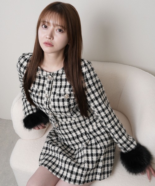 ファースリーブツイードクロップドジャケット（テーラードジャケット