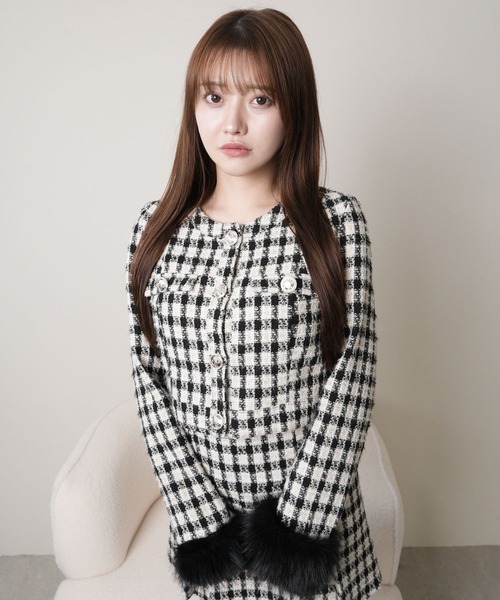 ファースリーブツイードクロップドジャケット（テーラードジャケット