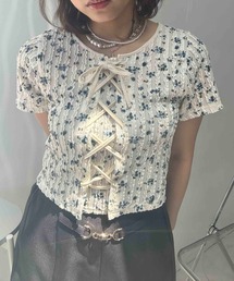 AS KNOW AS plus | ♪レースアップリボン 花柄フリル半袖プルオーバー(Tシャツ/カットソー)