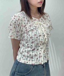 ♪レースアップリボン 花柄フリル半袖プルオーバー