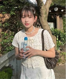 ♪レースアップリボン 花柄フリル半袖プルオーバー