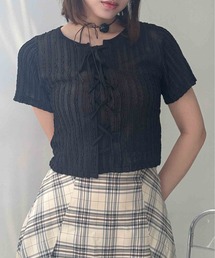 ♪レースアップリボン 花柄フリル半袖プルオーバー