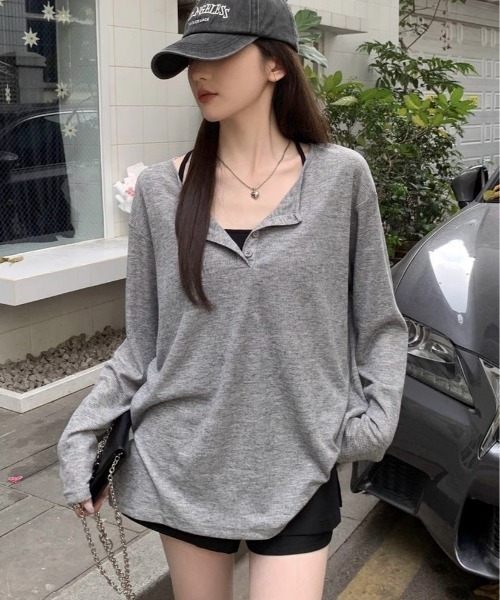 SHEPP(シープ)の「ルーズ シアーヘンリーネックロンT【日焼け/冷房対策】(Tシャツ/カットソー・レディース・グレー/ホワイト/ブラック・M/S/L)」の3枚目の写真