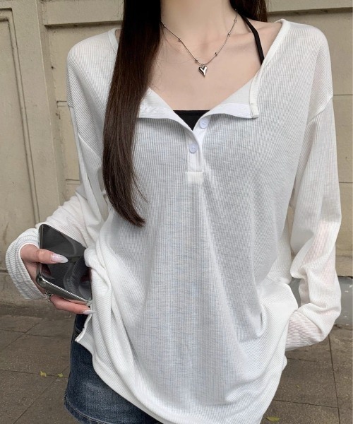 SHEPP(シープ)の「ルーズ シアーヘンリーネックロンT【日焼け/冷房対策】(Tシャツ/カットソー・レディース・グレー/ホワイト/ブラック・M/S/L)」の1枚目の写真