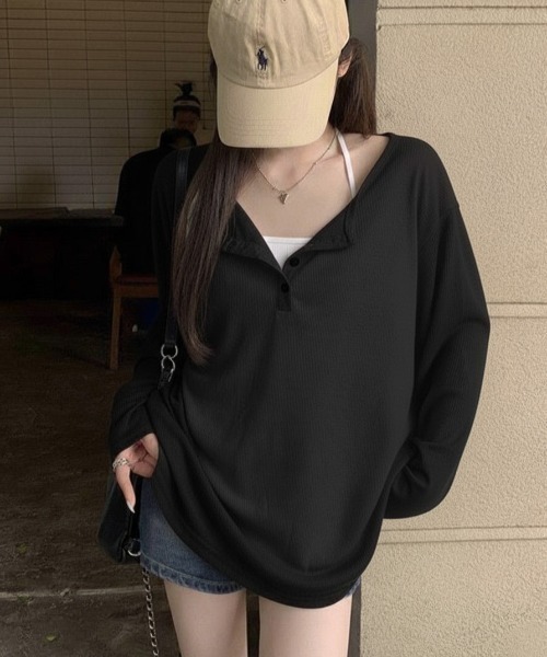 SHEPP(シープ)の「ルーズ シアーヘンリーネックロンT【日焼け/冷房対策】(Tシャツ/カットソー・レディース・グレー/ホワイト/ブラック・M/S/L)」の2枚目の写真