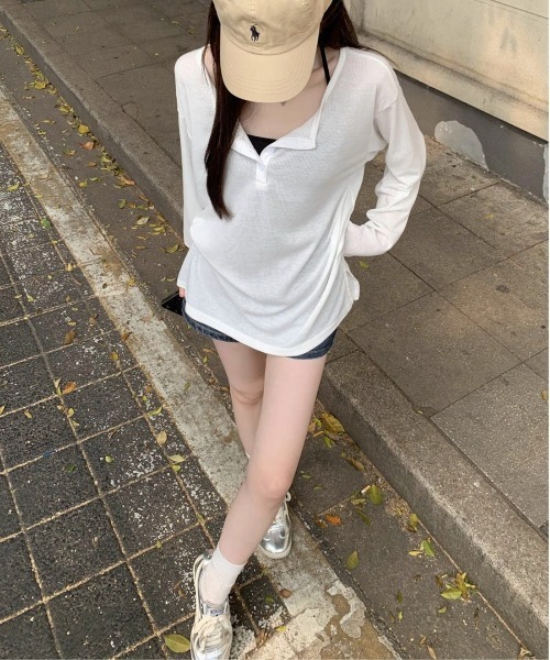 SHEPP(シープ)の「ルーズ シアーヘンリーネックロンT【日焼け/冷房対策】(Tシャツ/カットソー・レディース・グレー/ホワイト/ブラック・M/S/L)」の5枚目の写真