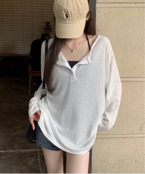 SHEPP(シープ)の「ルーズ シアーヘンリーネックロンT【日焼け/冷房対策】(Tシャツ/カットソー・レディース・グレー/ホワイト/ブラック・M/S/L)」の6枚目の写真