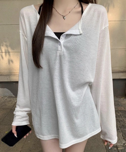 SHEPP(シープ)の「ルーズ シアーヘンリーネックロンT【日焼け/冷房対策】(Tシャツ/カットソー・レディース・グレー/ホワイト/ブラック・M/S/L)」の15枚目の写真