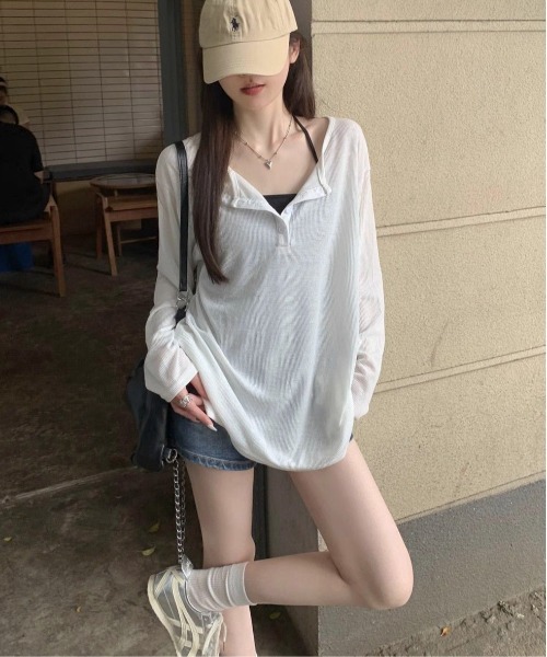 SHEPP(シープ)の「ルーズ シアーヘンリーネックロンT【日焼け/冷房対策】(Tシャツ/カットソー・レディース・グレー/ホワイト/ブラック・M/S/L)」の4枚目の写真