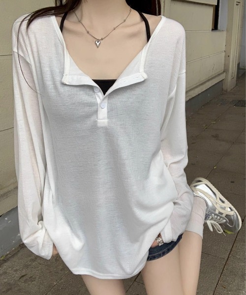 SHEPP(シープ)の「ルーズ シアーヘンリーネックロンT【日焼け/冷房対策】(Tシャツ/カットソー・レディース・グレー/ホワイト/ブラック・M/S/L)」の16枚目の写真