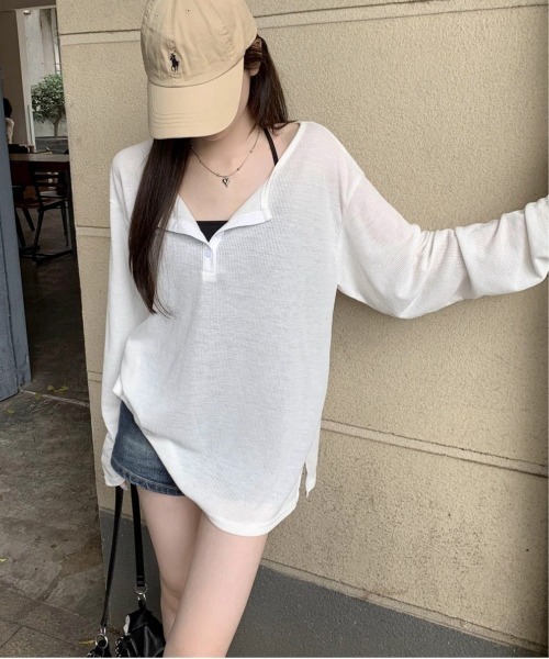 SHEPP(シープ)の「ルーズ シアーヘンリーネックロンT【日焼け/冷房対策】(Tシャツ/カットソー・レディース・グレー/ホワイト/ブラック・M/S/L)」の17枚目の写真