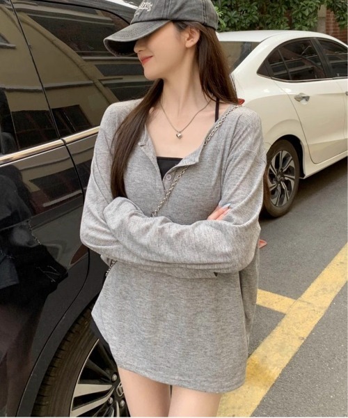 SHEPP(シープ)の「ルーズ シアーヘンリーネックロンT【日焼け/冷房対策】(Tシャツ/カットソー・レディース・グレー/ホワイト/ブラック・M/S/L)」の18枚目の写真