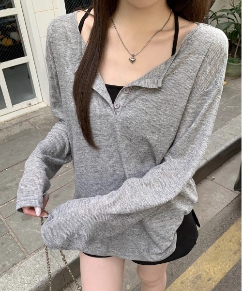 SHEPP(シープ)の「ルーズ シアーヘンリーネックロンT【日焼け/冷房対策】(Tシャツ/カットソー・レディース・グレー/ホワイト/ブラック・M/S/L)」の19枚目の写真