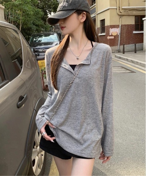 SHEPP(シープ)の「ルーズ シアーヘンリーネックロンT【日焼け/冷房対策】(Tシャツ/カットソー・レディース・グレー/ホワイト/ブラック・M/S/L)」の10枚目の写真