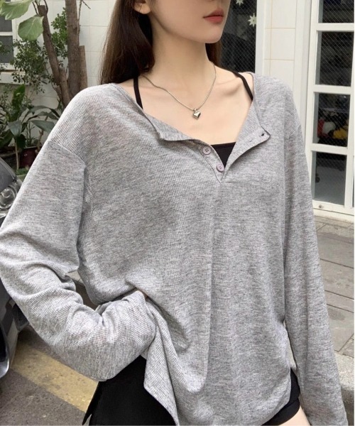 SHEPP(シープ)の「ルーズ シアーヘンリーネックロンT【日焼け/冷房対策】(Tシャツ/カットソー・レディース・グレー/ホワイト/ブラック・M/S/L)」の11枚目の写真