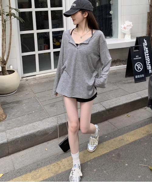 SHEPP(シープ)の「ルーズ シアーヘンリーネックロンT【日焼け/冷房対策】(Tシャツ/カットソー・レディース・グレー/ホワイト/ブラック・M/S/L)」の8枚目の写真