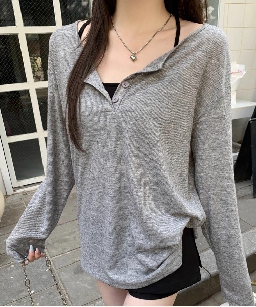 SHEPP(シープ)の「ルーズ シアーヘンリーネックロンT【日焼け/冷房対策】(Tシャツ/カットソー・レディース・グレー/ホワイト/ブラック・M/S/L)」の22枚目の写真