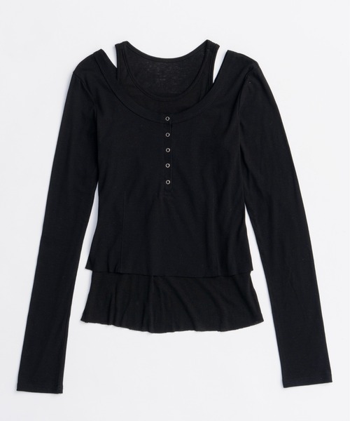 MAISON SPECIAL（メゾンスペシャル）の「Layered Henley Neck Tops/レイヤードヘンリーネックトップス（Tシャツ/カットソー・レディース・グレー/ブラック/ホワイト/ライトグリーン・FREE）」の2枚目の写真