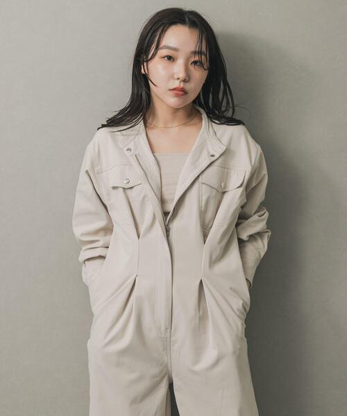 セール】ノーカラーウエストタックジャンプスーツ（つなぎ