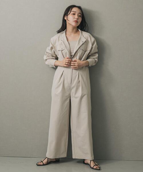 セール】ノーカラーウエストタックジャンプスーツ（つなぎ
