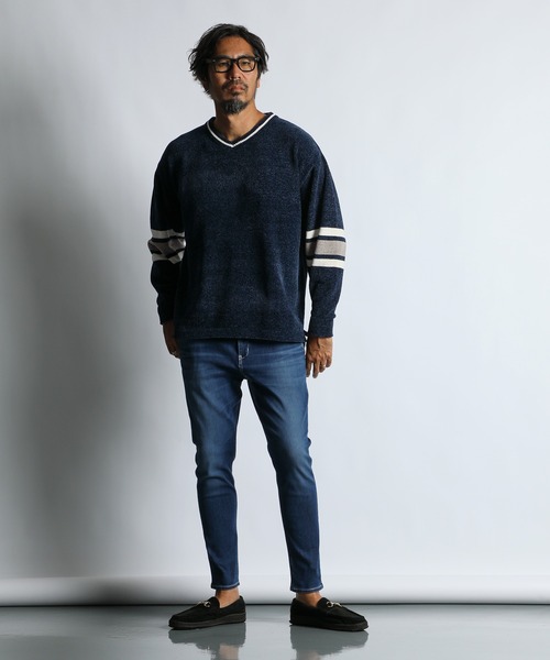 The DUFFER of ST.GEORGE（ザダファーオブセントジョージ）の「V-NECK FOOTBALL KINT：Vネック フットボールデザイン モールニット（ニット/セーター・メンズ・ネイビー/ベージュ・MEDIUM/X-LARGE/LARGE）」の13枚目の写真