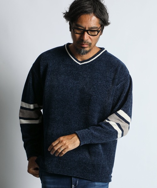 The DUFFER of ST.GEORGE（ザダファーオブセントジョージ）の「V-NECK FOOTBALL KINT：Vネック フットボールデザイン モールニット（ニット/セーター・メンズ・ネイビー/ベージュ・MEDIUM/X-LARGE/LARGE）」の12枚目の写真