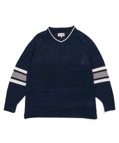 The DUFFER of ST.GEORGE（ザダファーオブセントジョージ）の「V-NECK FOOTBALL KINT：Vネック フットボールデザイン モールニット（ニット/セーター・メンズ・ネイビー/ベージュ・MEDIUM/X-LARGE/LARGE）」の8枚目の写真