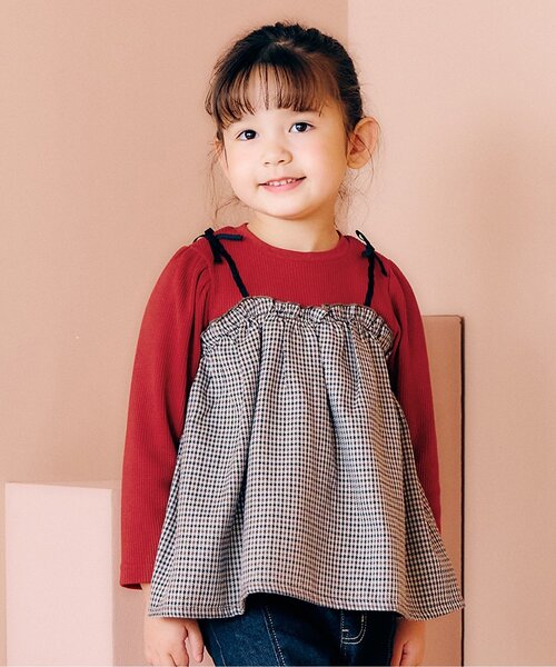 apres les cours（アプレレクール）の「【リンク/ジュニア対応】ワッフルドッキングフレアトップス（Tシャツ/カットソー・キッズ・ブラック/インディゴブルー/アイボリー/チェック・90/100/110/120/80/130/140）」の4枚目の写真